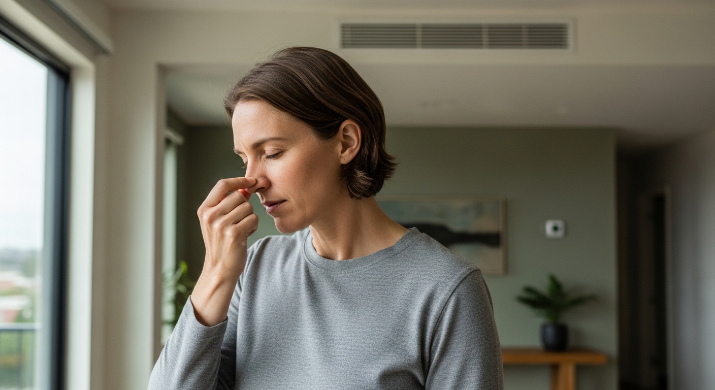 woman holding her nose after noticing a weird heater smell